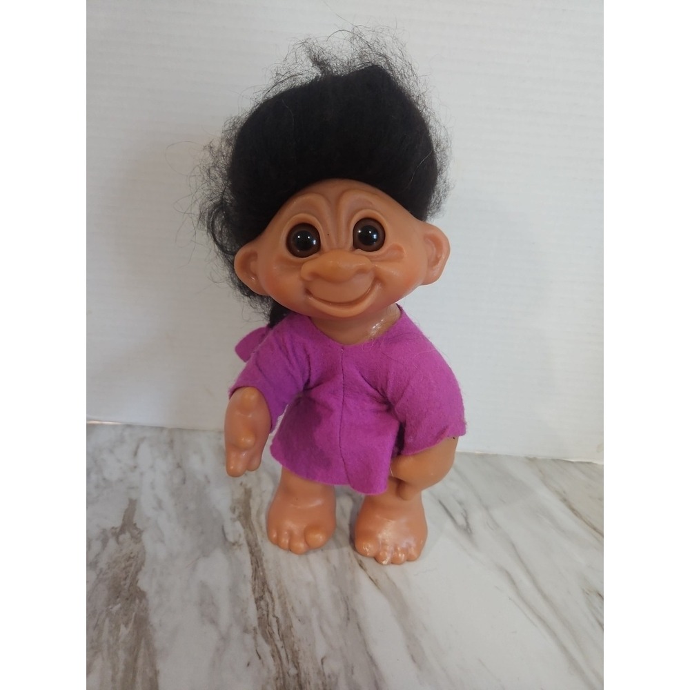 1977 8" Thomas Dam Troll Doll DENMARK #604 Black Hair Purple Dress